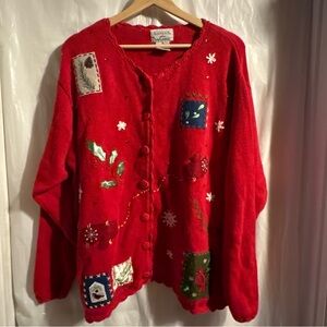 Vtg Basic‎ Editions Christmas Sweater Womans 1X Red Holiday Cardinal Patch 90s